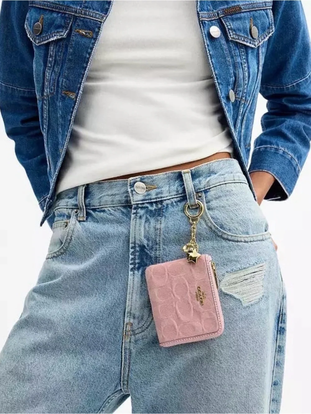 Coach Small Corner Zip Wallet with Charms in Gold/Light Pink Signature Denim NWT
